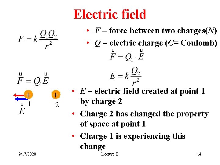 Electric field • F – force between two charges(N) • Q – electric charge