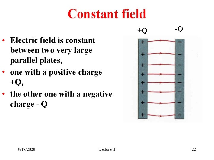 Constant field +Q -Q • Electric field is constant between two very large parallel