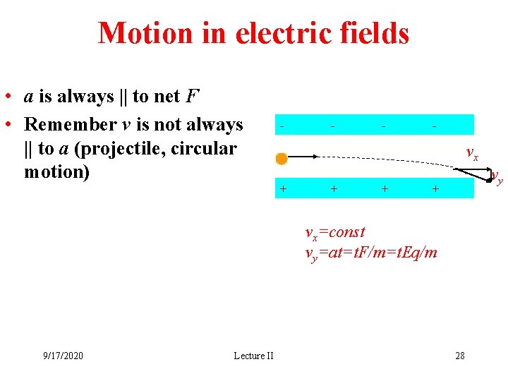 Motion in electric fields • a is always || to net F • Remember