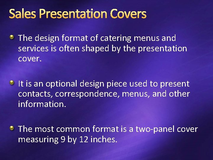 Sales Presentation Covers The design format of catering menus and services is often shaped