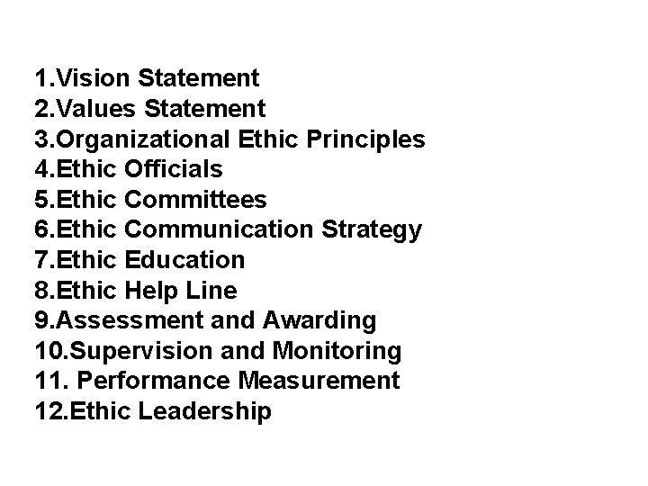 1. Vision Statement 2. Values Statement 3. Organizational Ethic Principles 4. Ethic Officials 5.