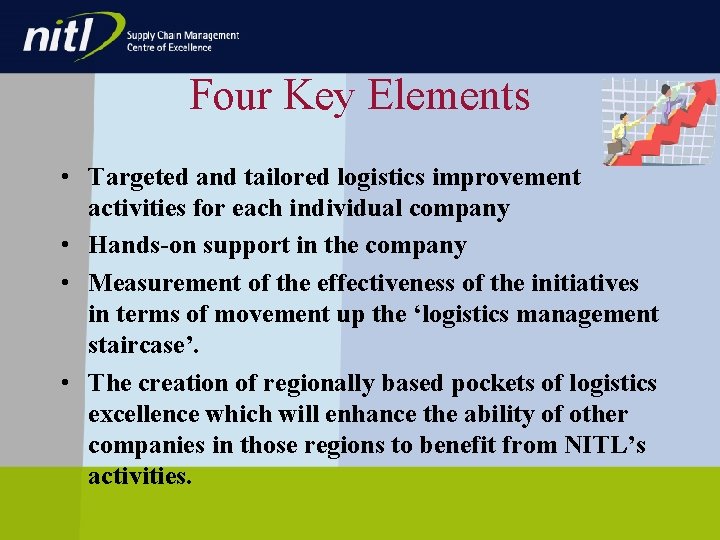 Four Key Elements • Targeted and tailored logistics improvement activities for each individual company Four Key Elements • Targeted and tailored logistics improvement activities for each individual company