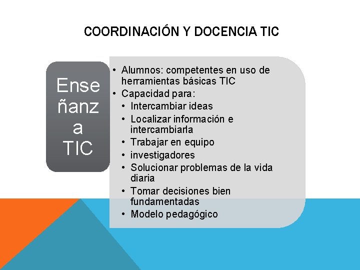 COORDINACIÓN Y DOCENCIA TIC Ense ñanz a TIC • Alumnos: competentes en uso de