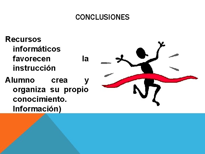 CONCLUSIONES Recursos informáticos favorecen la instrucción Alumno crea y organiza su propio conocimiento. Información)