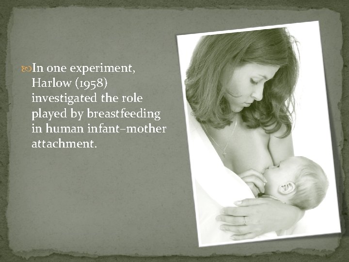  In one experiment, Harlow (1958) investigated the role played by breastfeeding in human