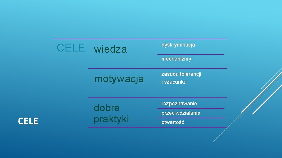 CELE wiedza dyskryminacja mechanizmy CELE motywacja zasada tolerancji dobre praktyki rozpoznawanie i szacunku przeciwdziałanie