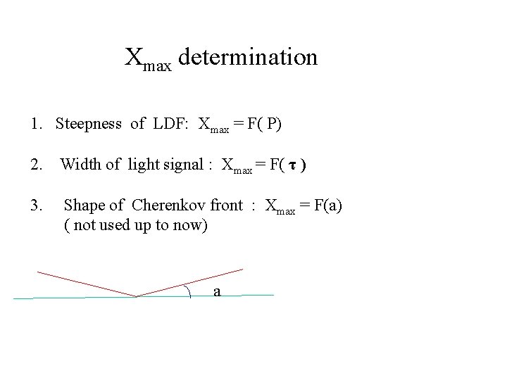 Xmax determination 1. Steepness of LDF: Xmax = F( P) 2. Width of light Xmax determination 1. Steepness of LDF: Xmax = F( P) 2. Width of light