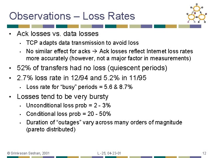 Observations – Loss Rates • Ack losses vs. data losses • • TCP adapts