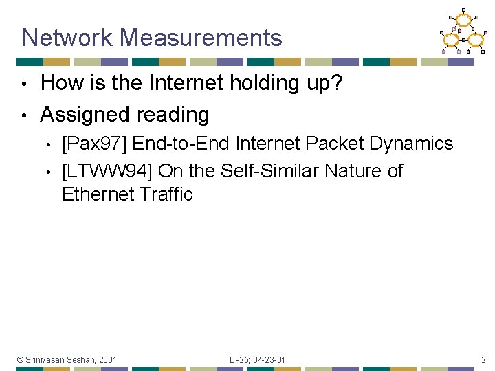 Network Measurements How is the Internet holding up? • Assigned reading • • •
