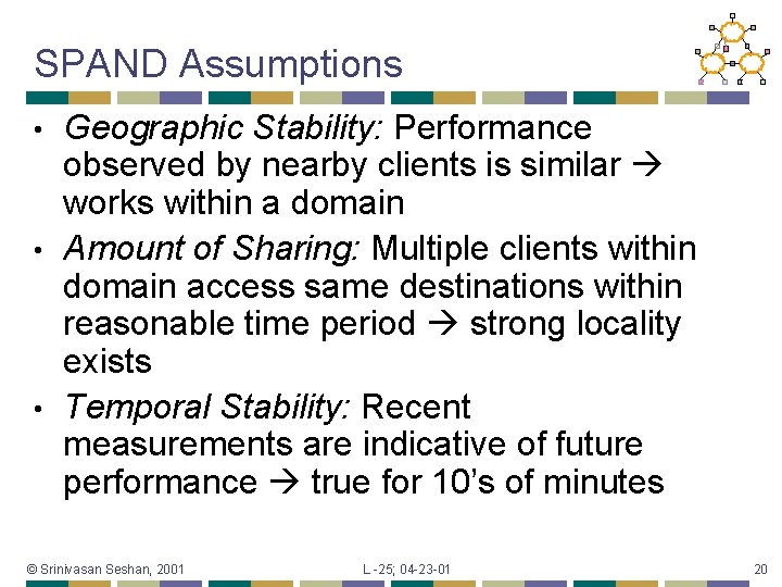 SPAND Assumptions Geographic Stability: Performance observed by nearby clients is similar works within a