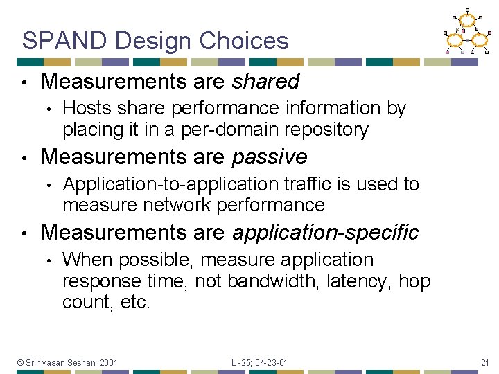 SPAND Design Choices • Measurements are shared • • Measurements are passive • •