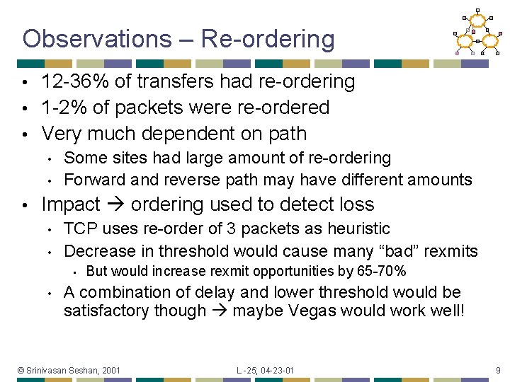 Observations – Re-ordering 12 -36% of transfers had re-ordering • 1 -2% of packets