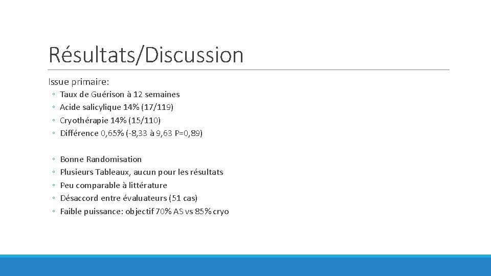 Résultats/Discussion Issue primaire: ◦ ◦ Taux de Guérison à 12 semaines Acide salicylique 14%