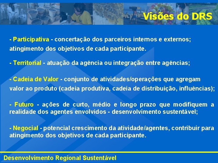 Visões do DRS - Participativa - concertação dos parceiros internos e externos; atingimento dos