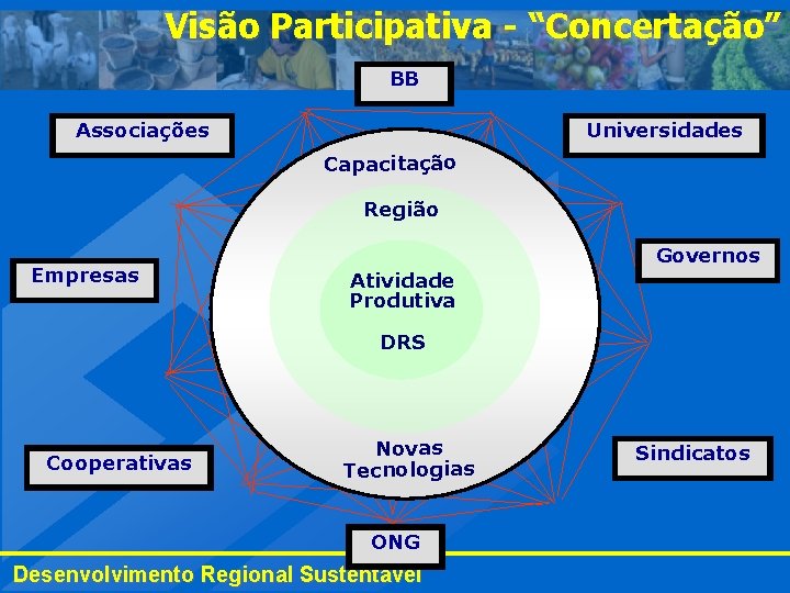 Visão Participativa - “Concertação” BB Associações Universidades Capacitação Região Empresas Governos Atividade Produtiva DRS