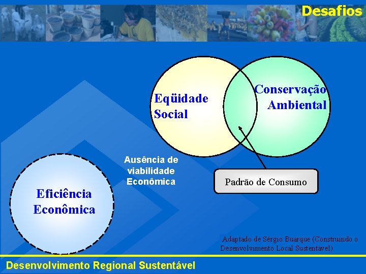 Desafios Eqüidade Social Eficiência Econômica Ausência de viabilidade Econômica Conservação Ambiental Padrão de Consumo