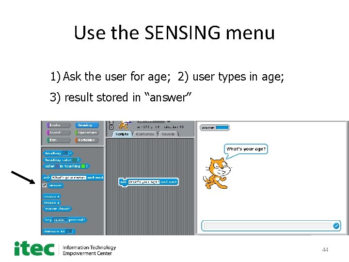 Use the SENSING menu 1) Ask the user for age; 2) user types in