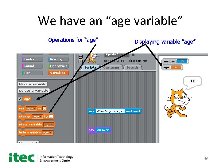 We have an “age variable” Operations for “age” Displaying variable “age” 49 