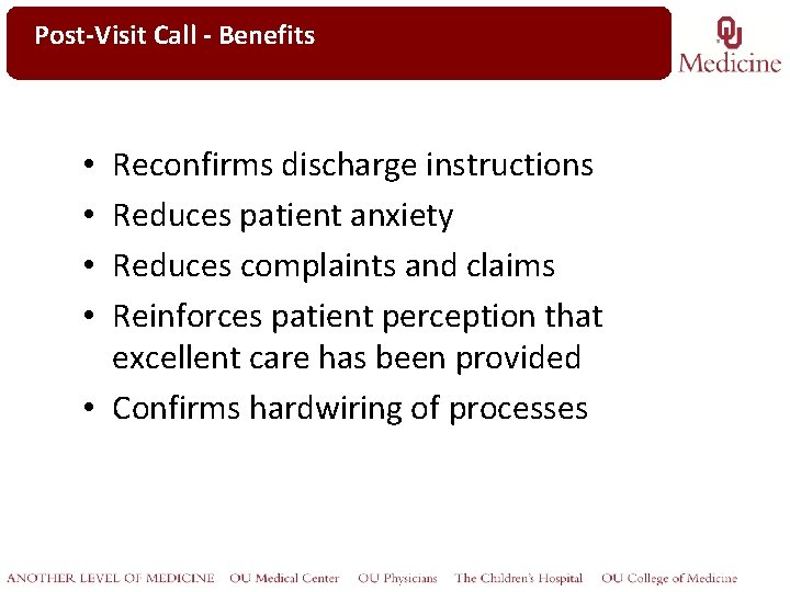 Click to edit Post-Visit Call Master - Benefits title style Reconfirms discharge instructions Reduces