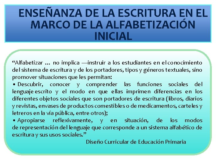 ENSEÑANZA DE LA ESCRITURA EN EL MARCO DE LA ALFABETIZACIÓN INICIAL “Alfabetizar … no