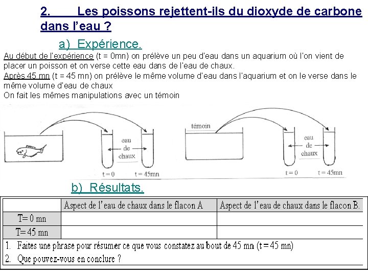 2. Les poissons rejettent-ils du dioxyde de carbone dans l’eau ? a) Expérience. Au