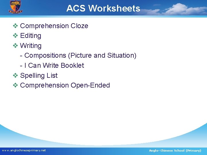 ACS Worksheets v Comprehension Cloze v Editing v Writing - Compositions (Picture and Situation)