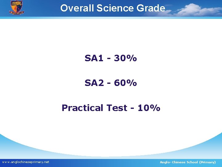 Overall Science Grade SA 1 - 30% SA 2 - 60% Practical Test -