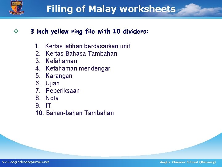 Filing of Malay worksheets v 3 inch yellow ring file with 10 dividers: 1.