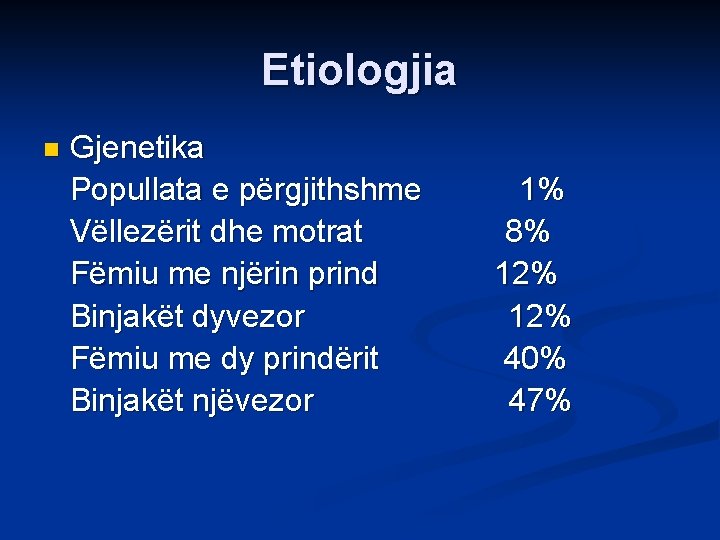 Etiologjia n Gjenetika Popullata e përgjithshme Vëllezërit dhe motrat Fëmiu me njërin prind Binjakët