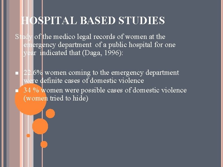 HOSPITAL BASED STUDIES Study of the medico legal records of women at the emergency