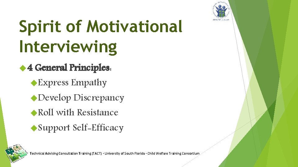 Spirit of Motivational Interviewing 4 General Principles: Express Empathy Develop Discrepancy Roll with Resistance