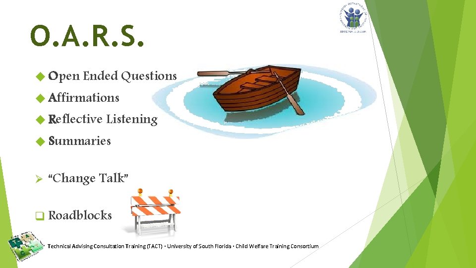 O. A. R. S. Open Ended Questions Affirmations Reflective Listening Summaries Ø “Change Talk”