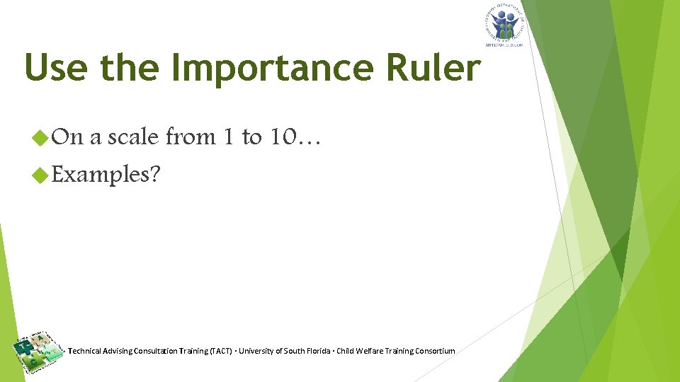 Use the Importance Ruler On a scale from 1 to 10… Examples? Technical Advising