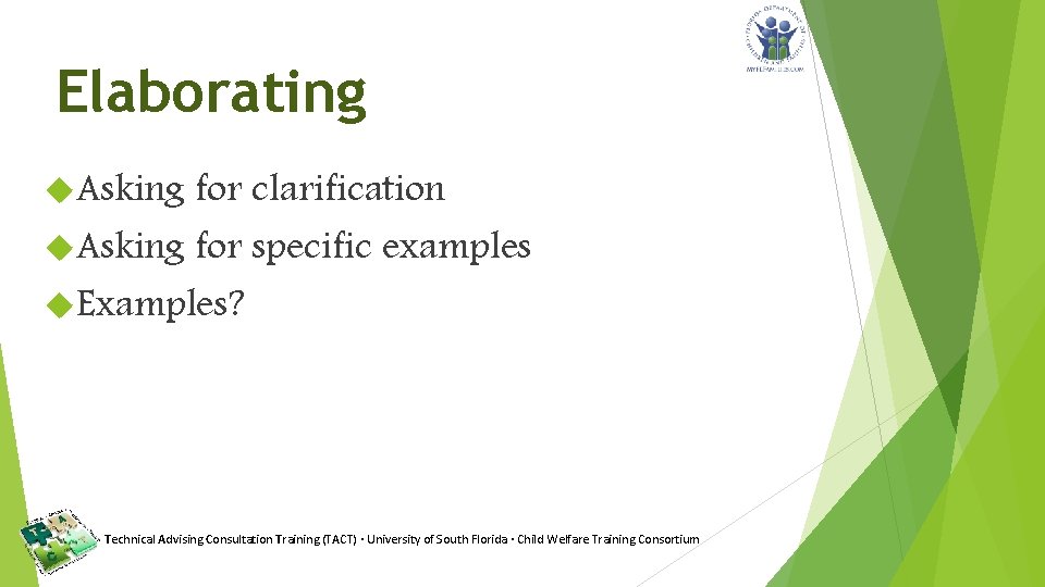 Elaborating Asking for clarification Asking for specific examples Examples? Technical Advising Consultation Training (TACT)