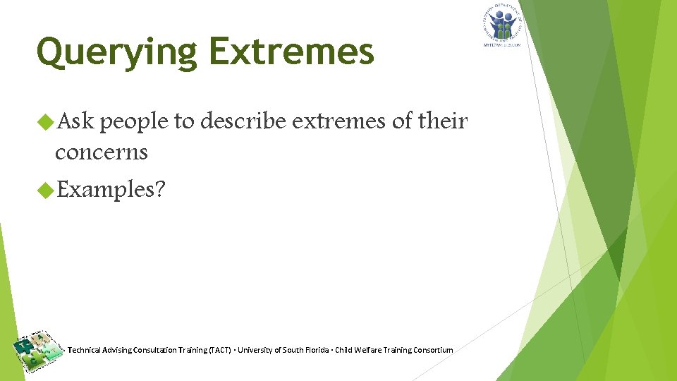 Querying Extremes Ask people to describe extremes of their concerns Examples? Technical Advising Consultation