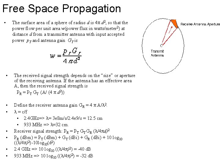 Free Space Propagation • The surface area of a sphere of radius d is