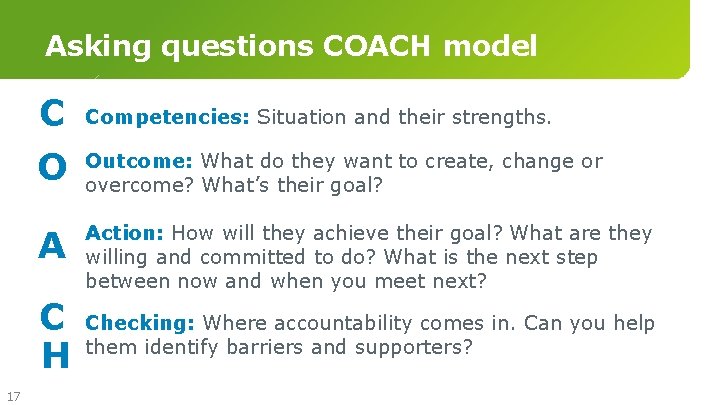 Asking questions COACH model C O A C H 17 Competencies: Situation and their