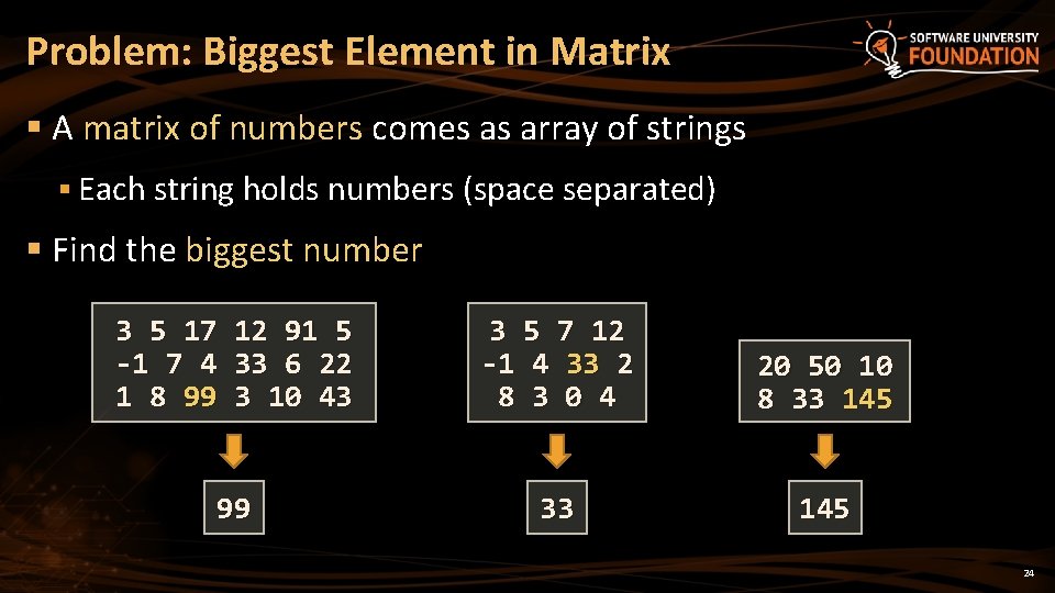 Problem: Biggest Element in Matrix § A matrix of numbers comes as array of