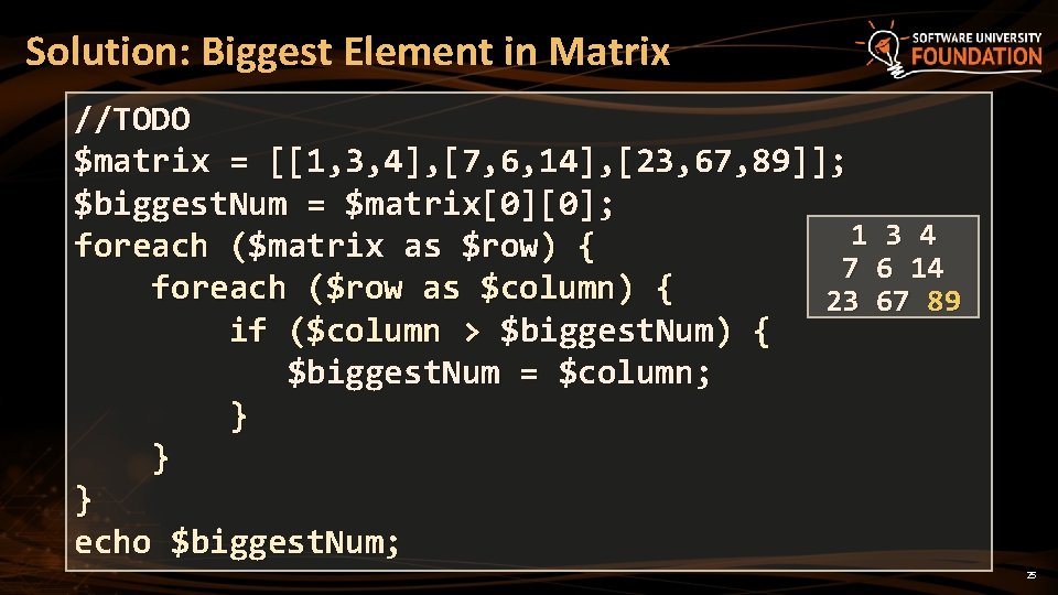 Solution: Biggest Element in Matrix //TODO $matrix = [[1, 3, 4], [7, 6, 14],