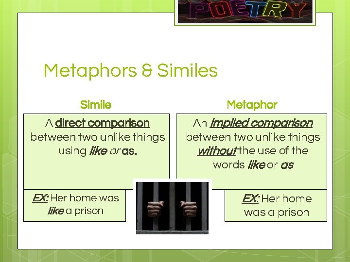 Metaphors & Similes Simile Metaphor A direct comparison between two unlike things using like