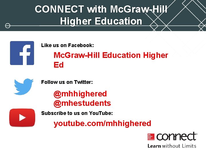 CONNECT with Mc. Graw-Hill Higher Education Like us on Facebook: Mc. Graw-Hill Education Higher