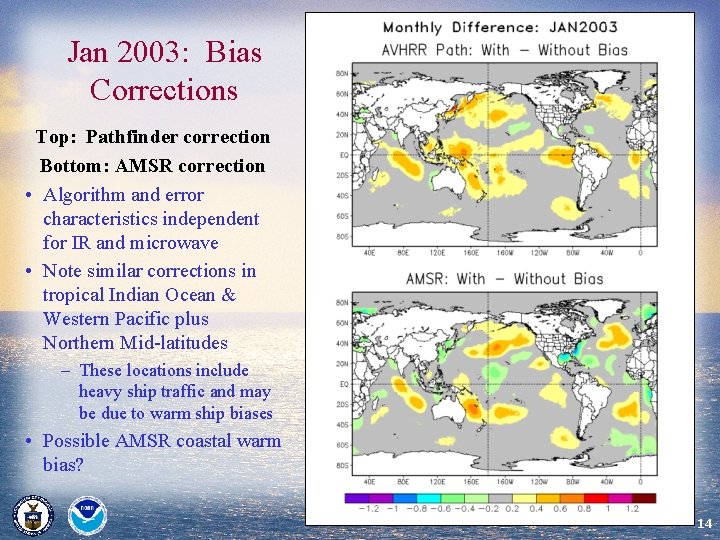 Jan 2003: Bias Corrections Top: Pathfinder correction Bottom: AMSR correction • Algorithm and error