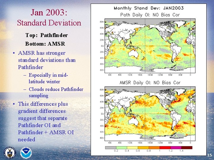 Jan 2003: Standard Deviation Top: Pathfinder Bottom: AMSR • AMSR has stronger standard deviations