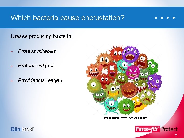 Which bacteria cause encrustation? Urease-producing bacteria: - Proteus mirabilis - Proteus vulgaris - Providencia