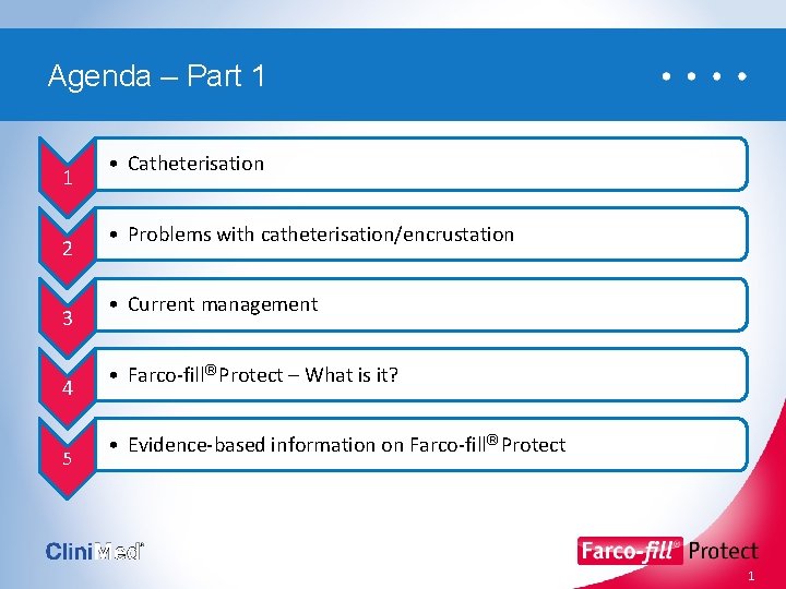 Agenda – Part 1 1 2 3 4 5 • Catheterisation • Problems with