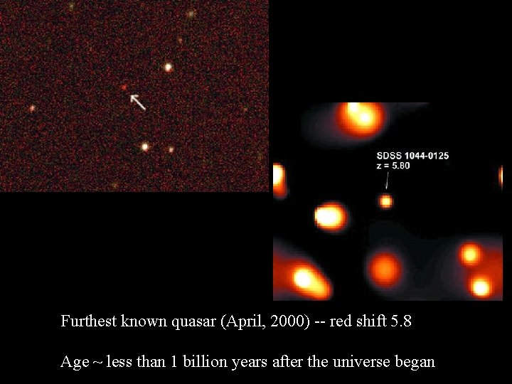 Furthest known quasar (April, 2000) -- red shift 5. 8 Age ~ less than
