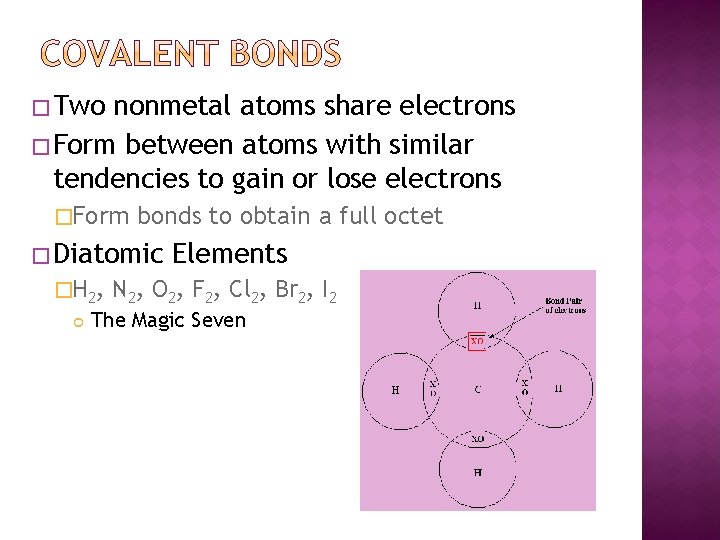 � Two nonmetal atoms share electrons � Form between atoms with similar tendencies to