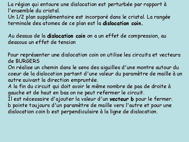 La région qui entoure une dislocation est perturbée par rapport à l'ensemble du cristal.