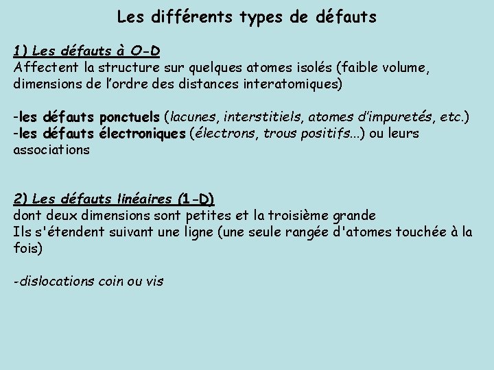 Les différents types de défauts 1) Les défauts à O-D Affectent la structure sur