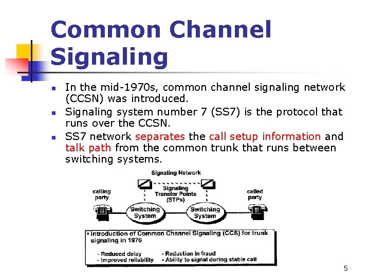 Common Channel Signaling n n n In the mid-1970 s, common channel signaling network
